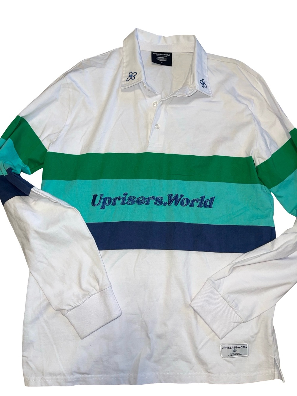 UPRISERS WORLD White Green Striped Long Sleeve Rugby Polo Shirt size M